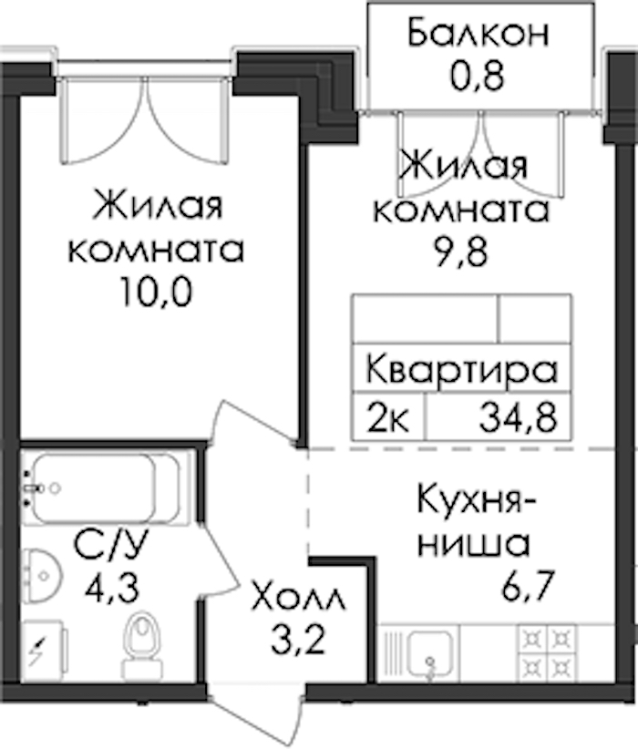 1-комнатная квартира 34.8 м², 2/9 эт., ЖК «Лермонтовский 54»